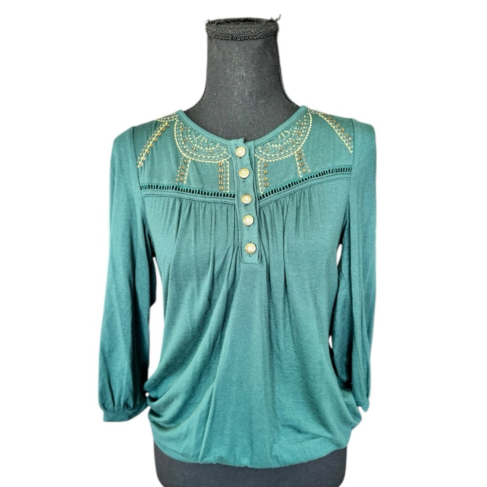 Fossil Boho Embroidered Henley Top Teal Beaded Yoke Small Cottagecore Festival